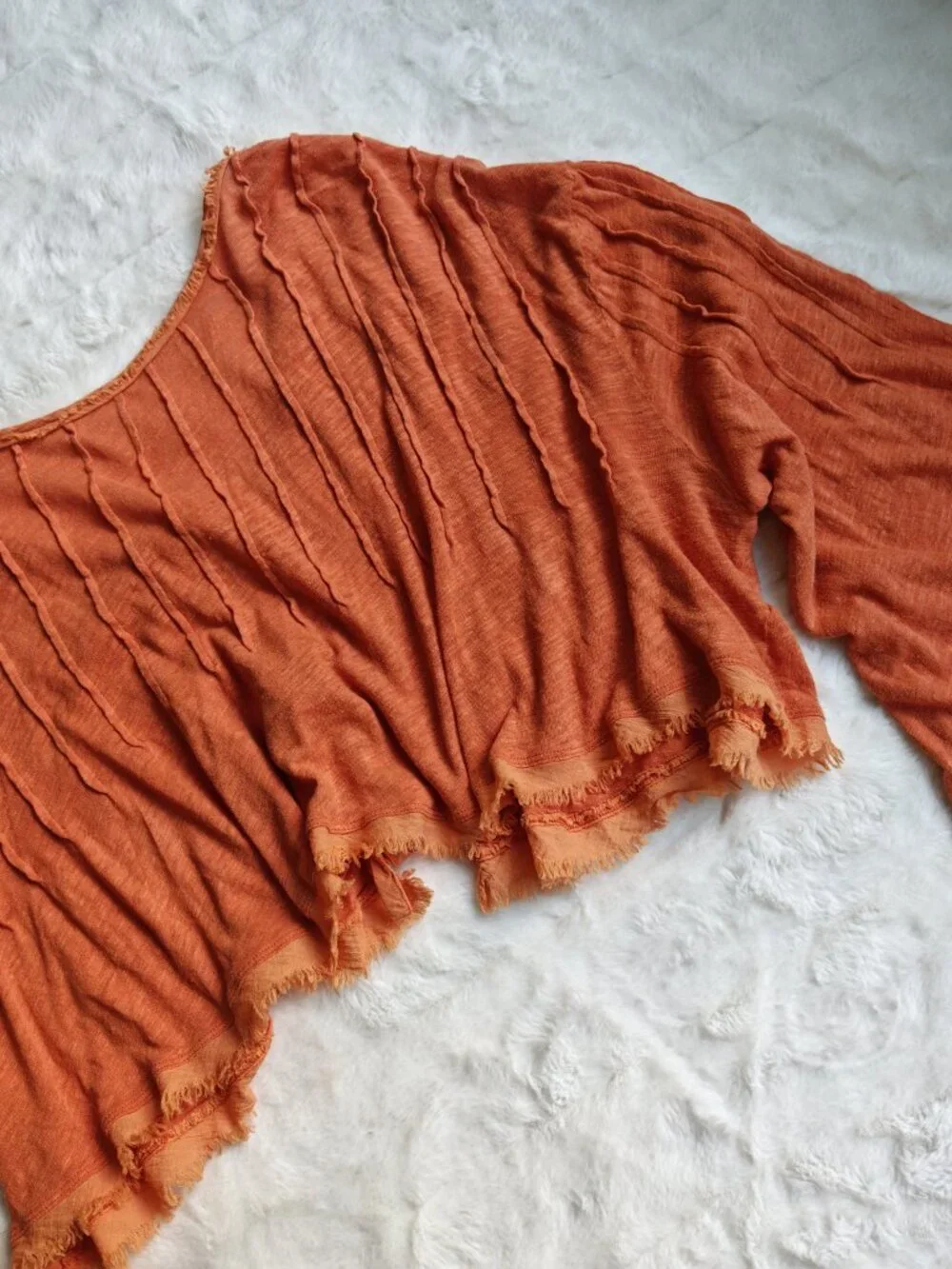 Free People Summer Nights Top XS Rust Orange Pleated Raw Hem Bell Sleeve Boho Li